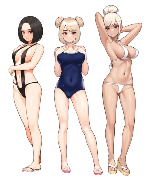 3 girls in swimsuit and flip flops Thumbnail