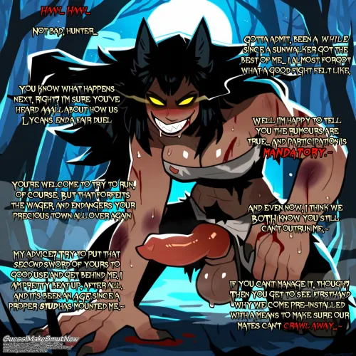 A Brave Beast Hunter Manages to Best a She-Werewolf in Battle; Now He Has a Choice: Claim His Prize... Or Have His Prize Claim HIM~ [Male POV] [Imminent Futa on Male/Male on Futa] [Werewolf] [Mild Blood] [Implied Knotting] [Dominant Switch] [Horror] [AI] Thumbnail