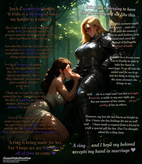 A Knight and a Queen. The Sword and the Crown. Both with feelings for one another and both moving on to act on them formally. [Female] [Futanari] [Royalty] [Knight] [Oral sex] [Marriage] [Inner thought] [Ai art] Generated by [IGuessIWriteSmutNow_] Thumbnail