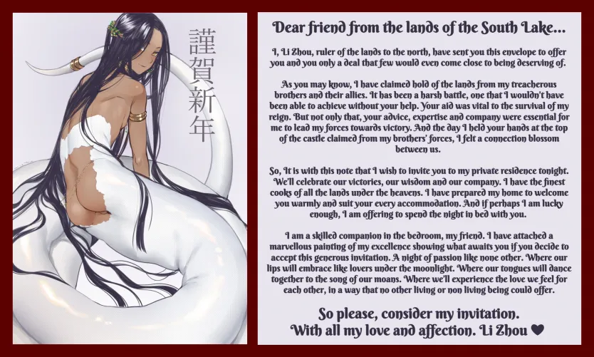 After helping the rightful ruler of the north Li Zhou defeat his usurpers in a long war, you got this letter from him in your personal chambers. [Femboy] [Monster] [Neutral POV] [Imminent sex] [Wholesome] Artist [tawapo] Thumbnail