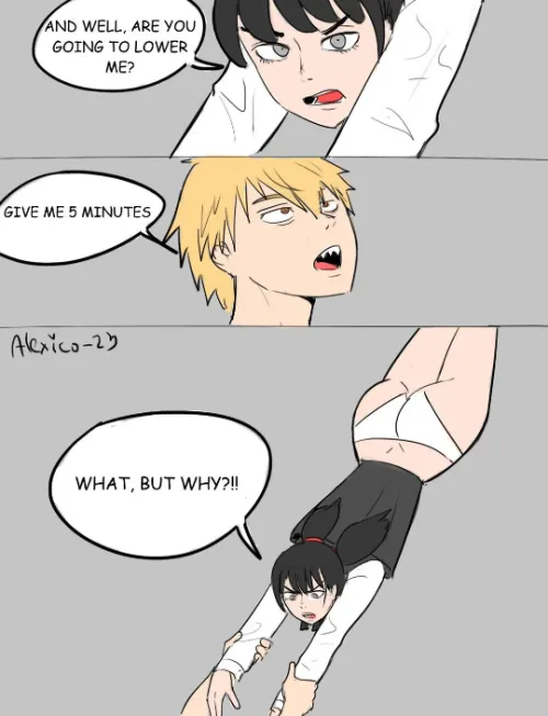 Asa Mitaka with her skirt lifted, exposing her panties to Denji. Thumbnail