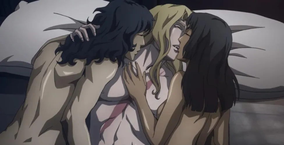 Can you recommend a manga or something that features two guys and a girl and when they have sex in a threesome, the two guys also do it with each other? (Like in Castlevania, Alucard and the twins) Thumbnail