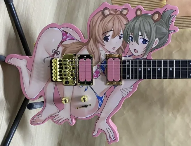 Color: 2girls, guitar, bikini, long hair, looking at viewer, blush, green hair, animal ears Thumbnail