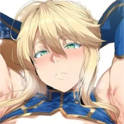 Color: arms_up, green pupil, blonde hair, long hair, fate/grand order, artoria pendragon, lancer, blush, armpits Thumbnail