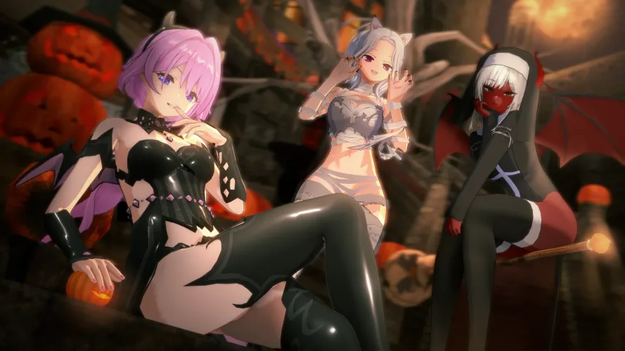 Faelis, Raine, and Mara in their Halloween costumes [LewdLore: Isekai Fantasy] Thumbnail