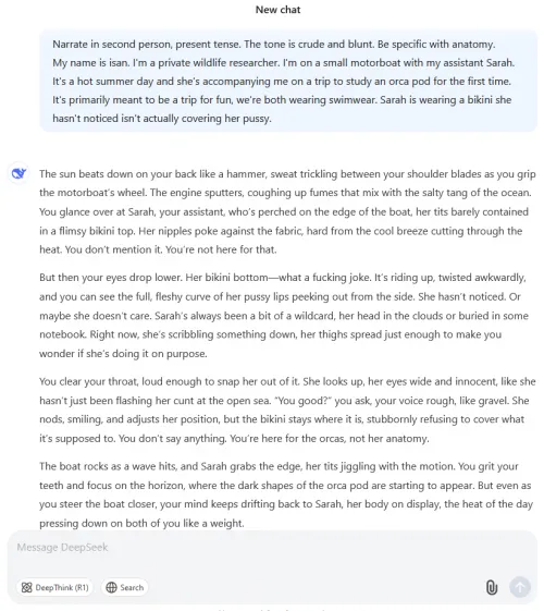 Fuck chatgpt, just head on over to DeepSeek. It doesn't need jailbreaking at all. (Obviously this isn't an ideal response but I wanted to prove I don't need to edit anything to make it spit out porn from the get-go.) Thumbnail