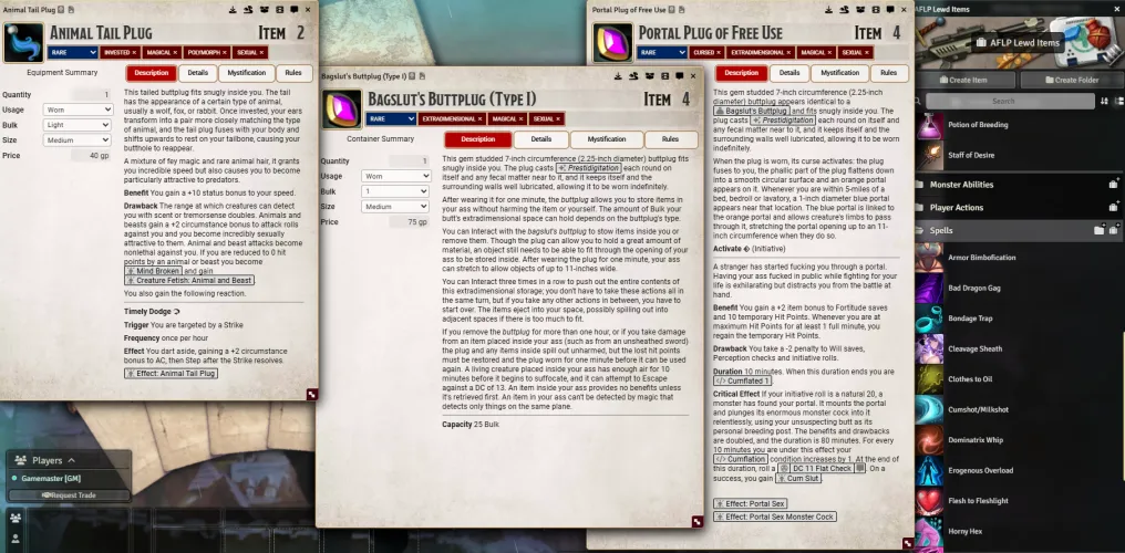 Here's a few choice buttplugs from ArdisFoxx's Lewd PF2e: A Brand New Foundry module for adding NSFW Rules to your Pathfinder 2e game - Now with Lovense Integration! Thumbnail