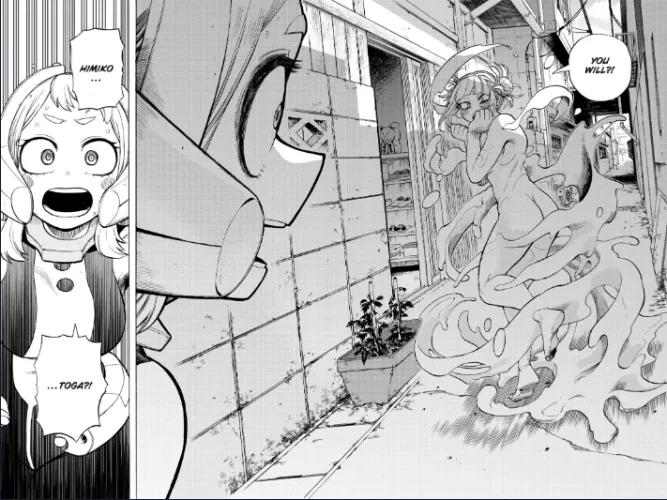 Himiko Toga in the middle of the street with her huge butt naked in view of Ochako while Ochako looks at her surprised real panel from the manga chapter number 288 of My Hero Academia Thumbnail