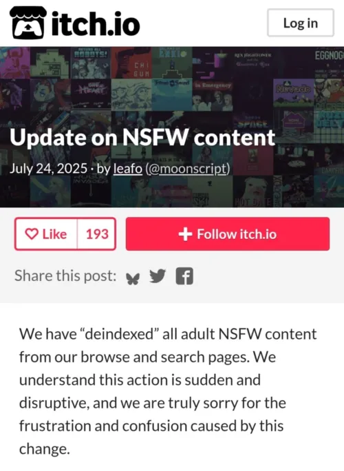Itch.io de-indexes all NSFW content after being pressured by payment processors. Thumbnail