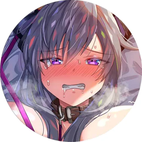 LF Color Source: 1girl, animal collar, arms up, clenched teeth, close-up, face, grey hair, hair between eyes, large breasts, looking at viewer, nose blush, pet play, purple eyes, purple leash, ribbon, saliva, silver hair, sweat Thumbnail