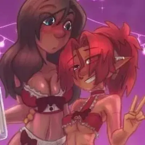 LF Color Source, 2girl, bikini, christmassy, tiefling, brown hair, red hair, pointed ears, blue eyes, purple eyes, orange skin, purple background, blushing, V with fingers, height difference, big tits, under boobs, ear piercing, smile, bisexual, Sofia an Thumbnail