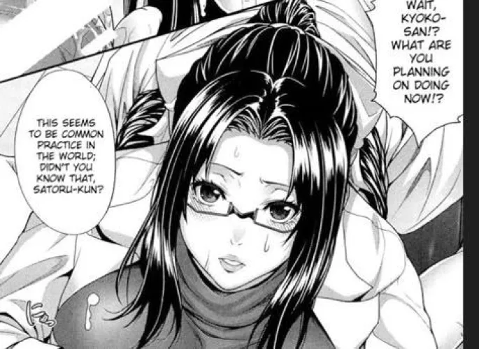 Lf mono source: 1girl, glasses, labcoat, hairbun, cum on cloth,sweat, txt :