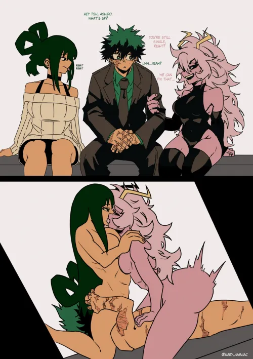 (M4F) Years later the UA class reunites for a reunion. Deku has aged like fine wine and it seems he's caught the attention of his old classmates Mina and Tsuyu, after hearing that he and Ochako never worked out the two decide to make their move on him~  Thumbnail