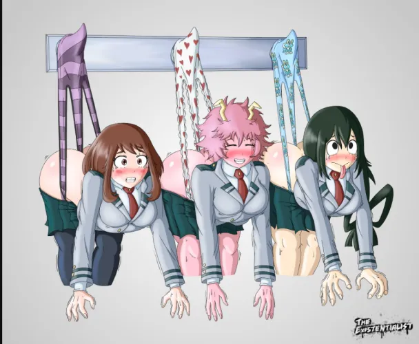 Mina Ashido along with her friends Ochako Uraraka and Tsuyu Asui, being hung by their panties, suffering a triple wedgie hanging as part of a cruel prank, possibly by the girls of Class 1-B (The Existentialist). Thumbnail