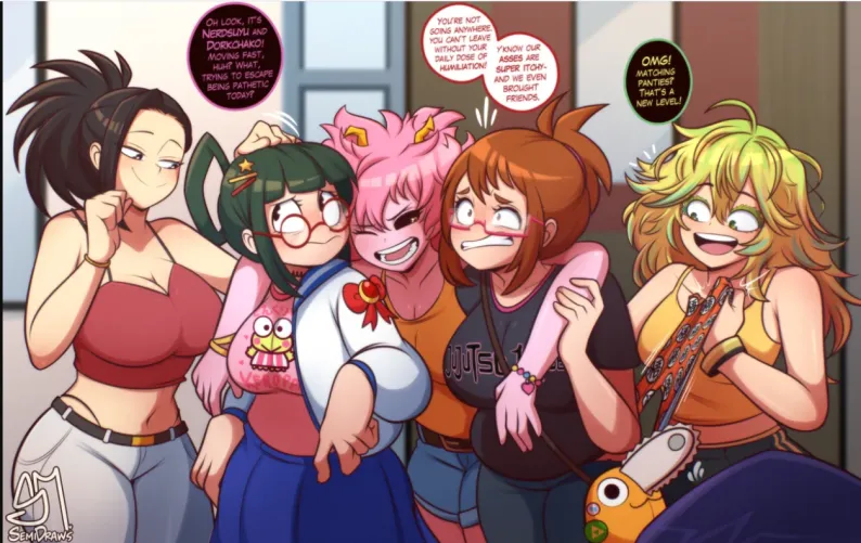 Mina Ashido (Bully version) forces Ochako and Tsuyu (nerd versions) to perform anal sex on her, Yaoyorozu, Hagakure, and Kyoka (Part 1) Thumbnail