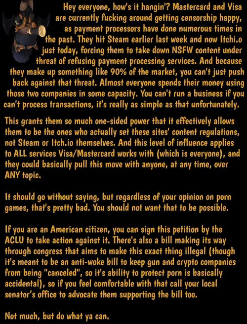 Petition against Visa/Mastercard's recent Steam/Itch.io censorship Thumbnail