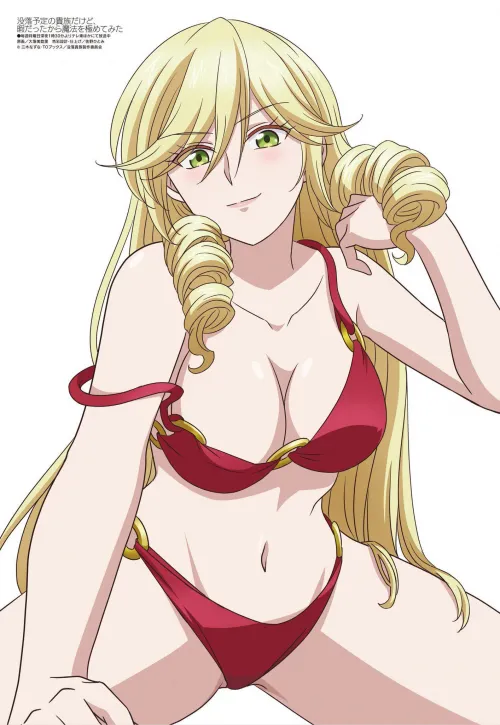 Sexy looking blonde lady wearing a red bikini [I'm a Noble on the Brink of Ruin, So I Might as Well Try Mastering Magic/megami magazine] Thumbnail