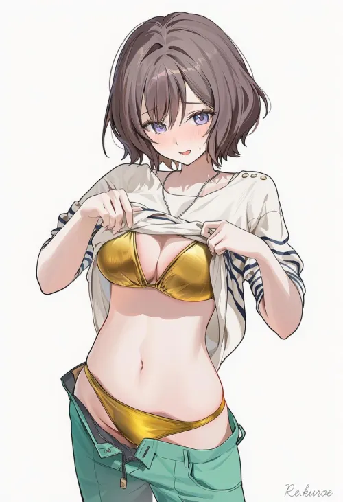 Showing off her golden bikini underneath Thumbnail