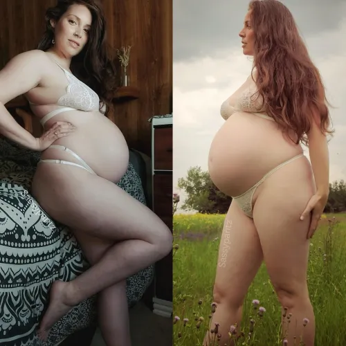 Side-by-Side of Pregnancy #3 at 8 months (left) and Pregnancy #4 at 6 months (right). What do you think? Thumbnail