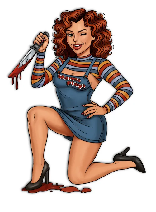 Wanna Play? 😏🔪 A glam pin-up twist on Chucky 💄✨ Thumbnail