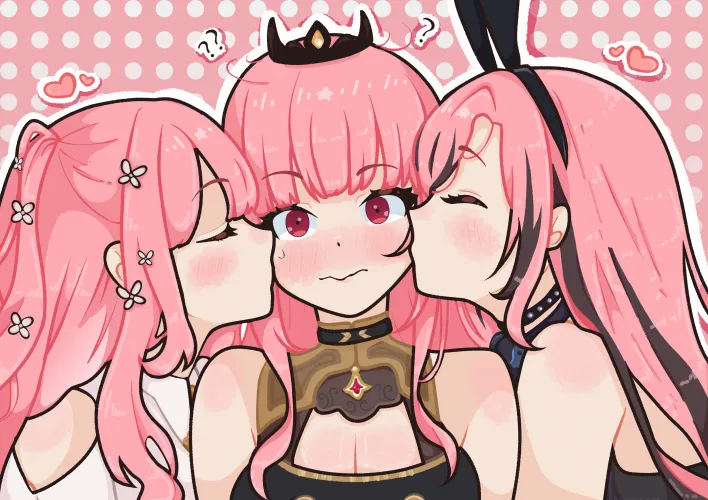 You had woken up in a new place and were confused. As you tried to get a grip on your surroundings Mori Calliope started kissing you on the cheek. It was confusing but then you felt another kiss on your other cheek. A tingling sensation on your chest as  Thumbnail